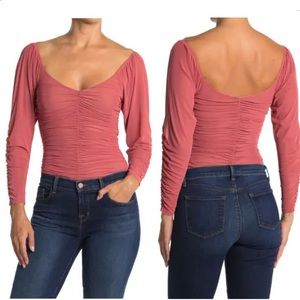 ASTR the Label Ruched Mesh Bodysuit in Mauve